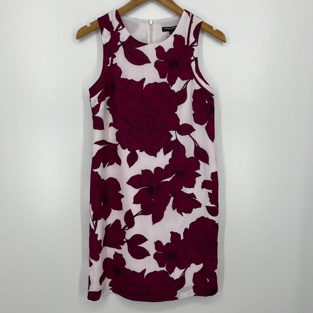Banana Republic Dress Women's Size 2 Red Floral Print Back Zip Sleeveless‎